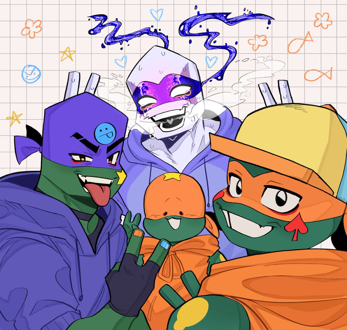 yourloveaton's tweet photo. THE SILLY TRIO + BABY BRO = THE SILLIES EVER

I love them so much you have no idea !!! They deserve all the happiness and I’m there for it hehe, this is also directed to my silly friends /aff pos

#rottmnt #SaveRiseoftheTMNT #UnpauseRiseoftheTMNT https://t.co/7T9ycfhOle