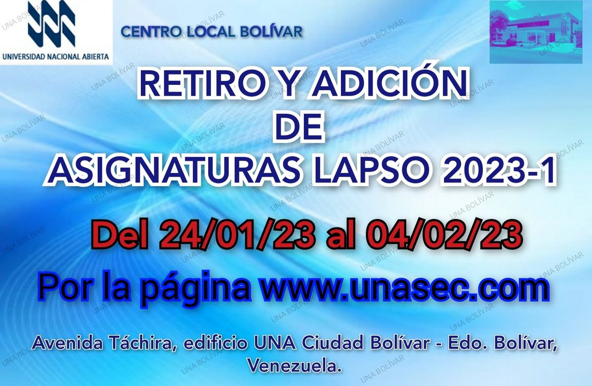 Continuamos con el proceso de Retiro y Adición de Asignaturas. Durante este proceso, no habrá cambios de régimen de estudios, ni se tramitarán permisos para asignaturas paralelas, ni excedencia de créditos. El estudiante debe acogerse al calendario de trabajos vigente. #UNA
