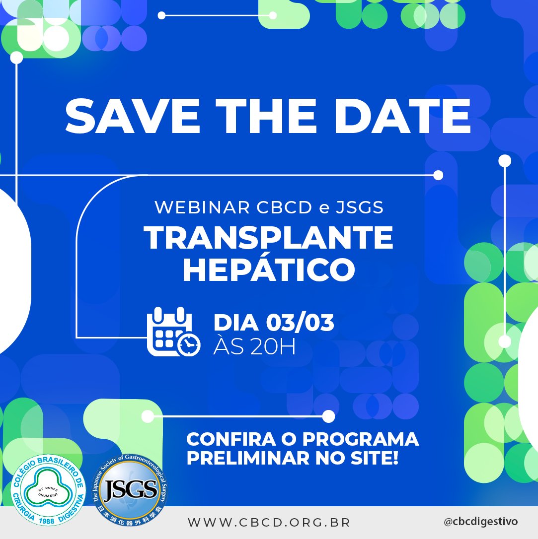 cbcd_brasil's tweet photo. Esse ano mantemos a parceria com a JSGS.

🗓 Agende essa data e não deixe de se 
atualizar. O Programa preliminar já está disponível em nosso site.

Em breve as inscrições estarão disponíveis em nosso site.

#CBCD #aparelhodigestivo #webinar JSGS https://t.co/nCjIJpePOL