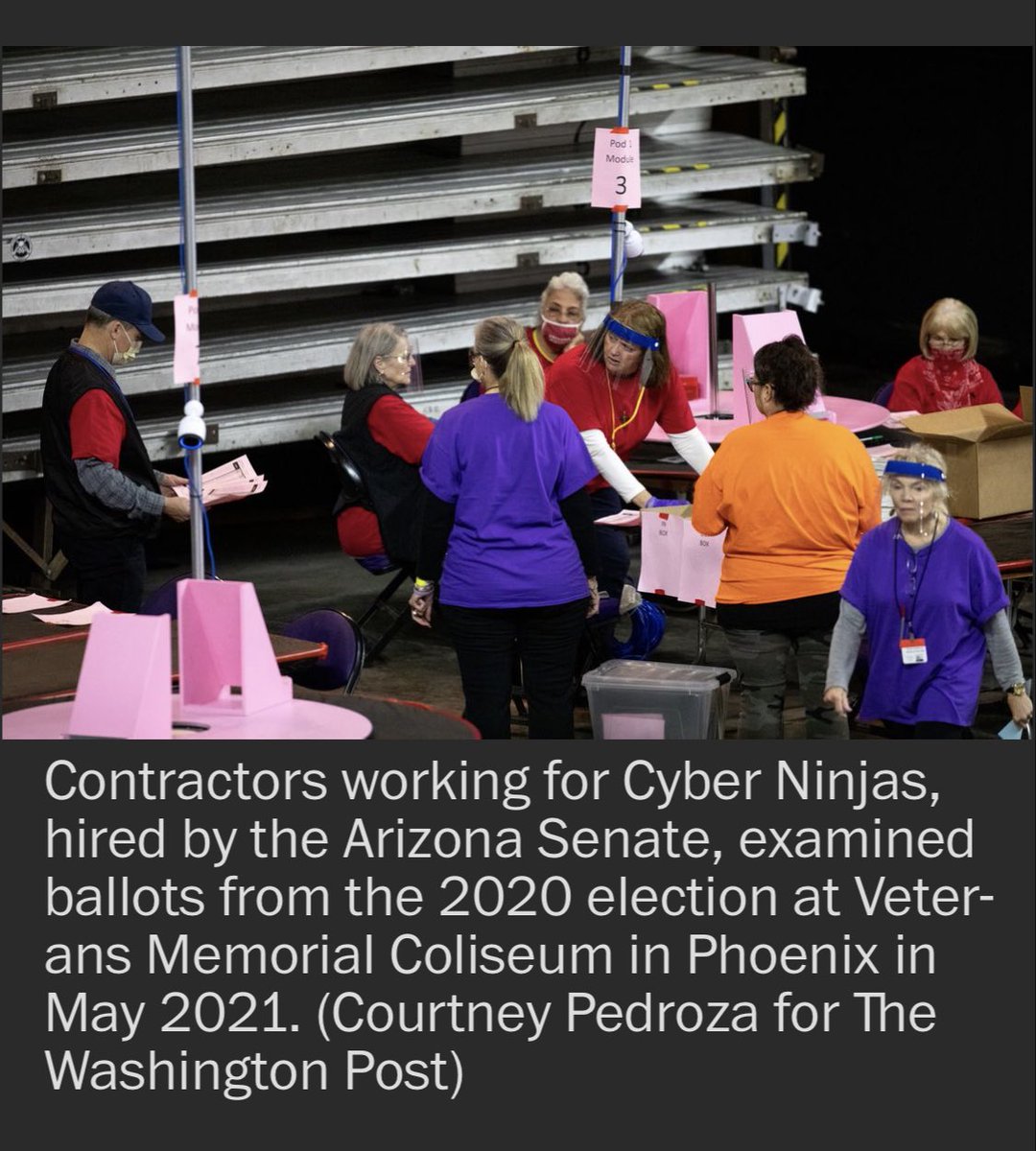 williamson's tweet photo. What are those bubblegum pink tables with document stands? Po-Mo infrastructure pairs well with searching for non-existent election fraud. https://t.co/oR4xGTg8N7