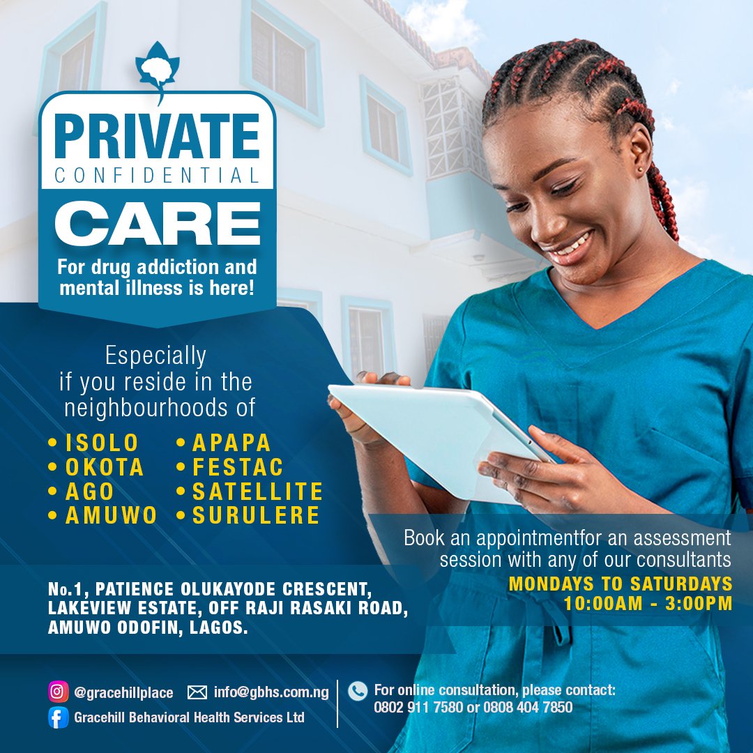 GracehillPlace's tweet photo. Help for that mental illness, alcohol, and drug addiction is closer to you than you imagined.

Experience private confidential care from our Specialists today

Call 0802-911-7580 to book an appointment Now
.
.
#isolo #okota #amuwoodofin 
#festac #lagos #satellite
#apapa #surulere https://t.co/D59pE5NWXf