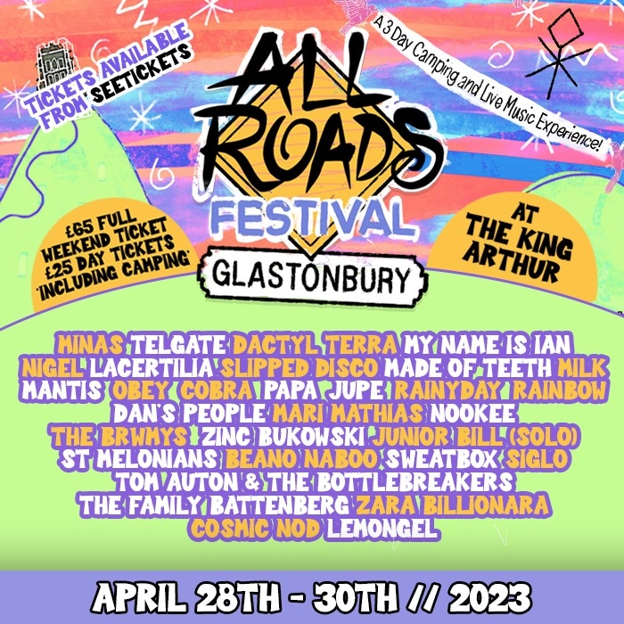 There's a lot of bands playing @allroadsfest 

@minassound 
@telgateuk 
<a href="/dactylterraband/">Dactyl Terra</a> 
@mynameisianmusic 
<a href="/nigel_band/">Nigel Band</a> 
@lacertiliaband 
@slippeddiscouk 
@madeofteeth 
@milkbandcymru
@mantis_cymru
@obeycobra 
<a href="/papajupestc/">Papa Jupes T.C.</a> 
@onlyrainydayrainbow
@danspeople 
@marimathiasmusic_
