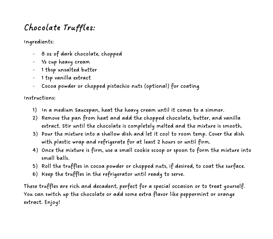 BoredAndNibbley's tweet photo. Chocolate Truffles:
- Melt together chocolate, butter, cream, and vanilla
- Pour into shallow dish and let cool
- Once firm, form into small ball
- Roll in coco powder and nuts of your choice
Rich in flavor and perfect for a special occasion!
#foodfriday #yum #Food #recipes https://t.co/QirnXAhaAE
