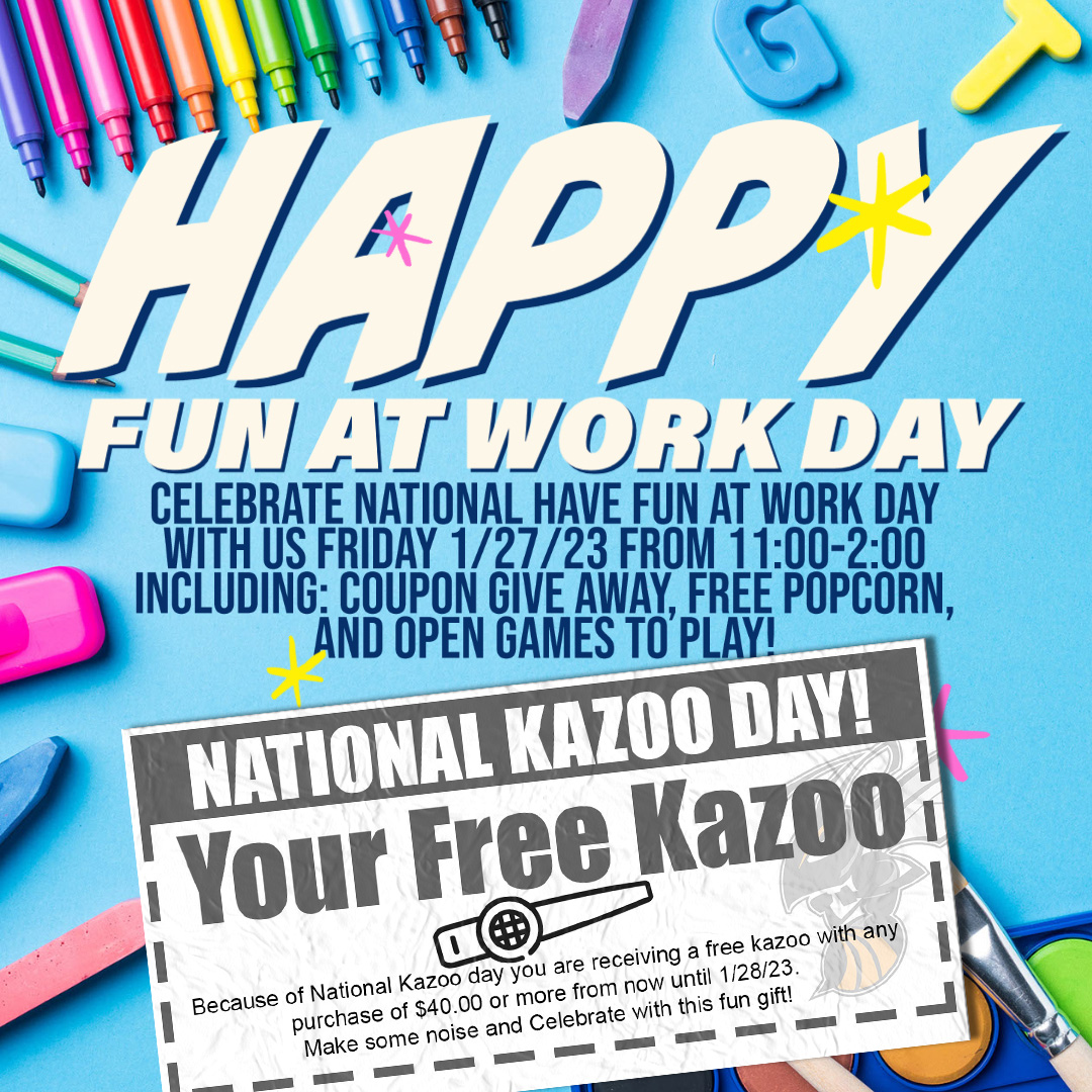 KCampusStore's tweet photo. It's today! It's National Have Fun at Work Day! Join us for popcorn, games, and coupons. In addition since tomorrow is National Kazoo Day you can get yourself a free kazoo today and tomorrow with any purchase of $40.00 or more in-store or online at https://t.co/DRcBfgMKQg https://t.co/rwsw76NT0t
