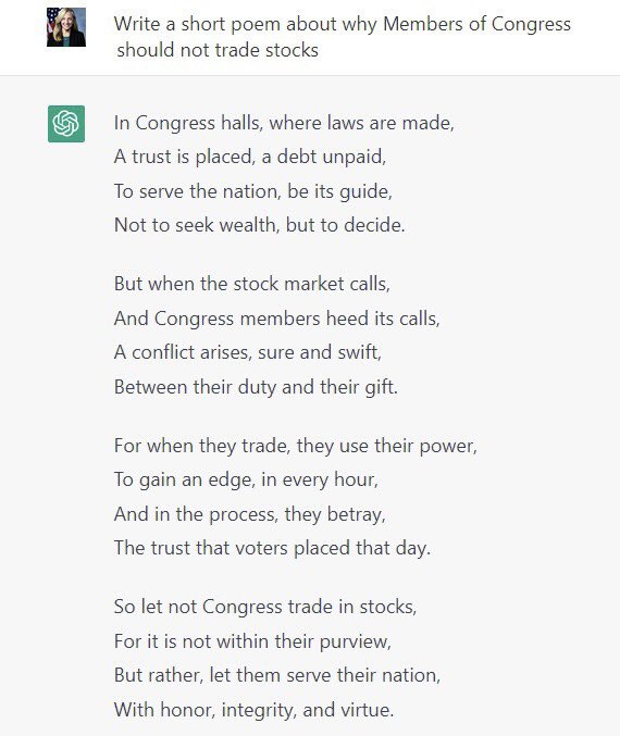 RepSpanberger's tweet photo. Even ChatGPT agrees — Members of Congress should be banned from trading individual stocks while serving the American people.

And put it pretty well, I might say: https://t.co/XVXjKMR8WH