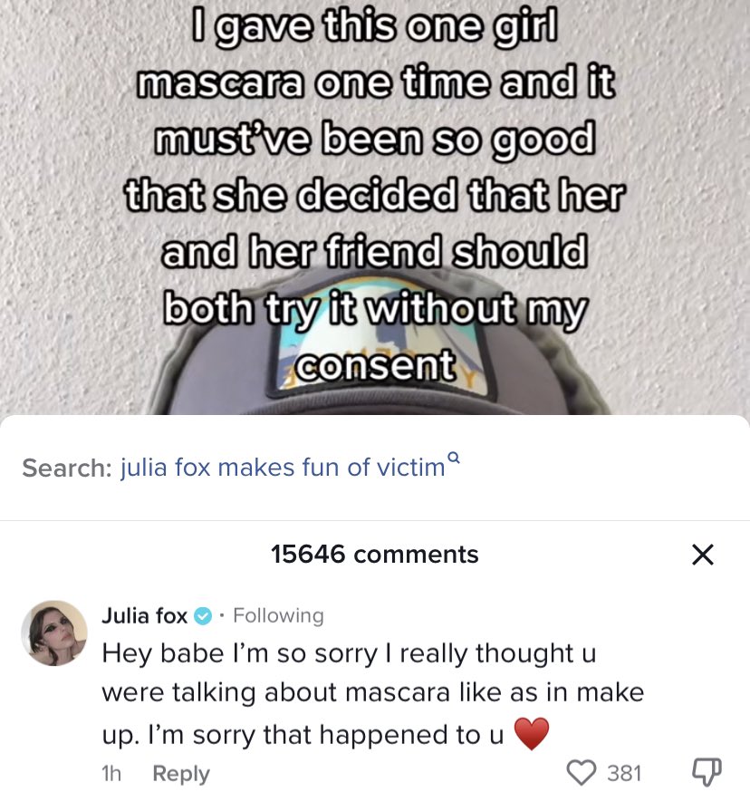 ethelfiles's tweet photo. julia fox speaks out @ the comment she made under a SA tiktok https://t.co/UvcPRgEJ8l