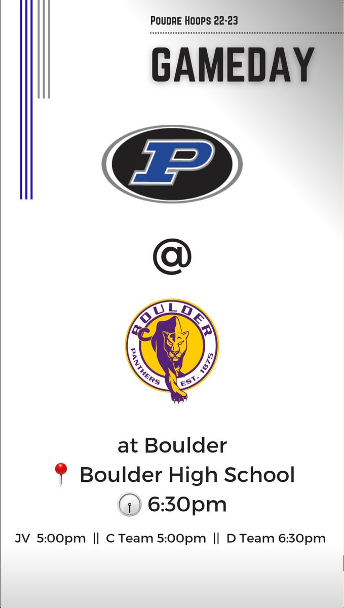 ◾️ GAMEDAY ◾️

@ Boulder
📍 Boulder High School 
🕡 6:30pm

JV &amp; C Team - 5:00pm  ||  D Team - 6:30pm

#GoPoudre