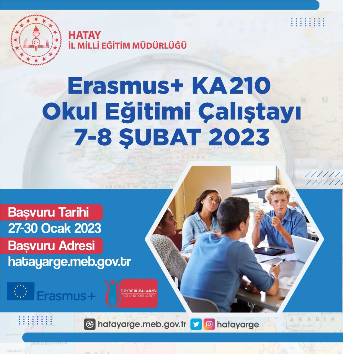 Hatay İçin Şimdi ERASMUS 🇪🇺
📢 Erasmus Proje Eğitimleri tüm hızla devam ediyor.
📝 Konu: KA210-SCH Erasmus Proje Hazırlama Eğitimi
🗓️Son başvuru tarihi: 31 Ocak 2023 Saat:17.00 
🔗Başvuru adresi: hatayarge.meb.gov.tr <a href="/hataymem/">Hatay İl Millî Eğitim Müdürlüğü</a> <a href="/SeyitAliBuyuk/">Seyit Ali Büyük</a>