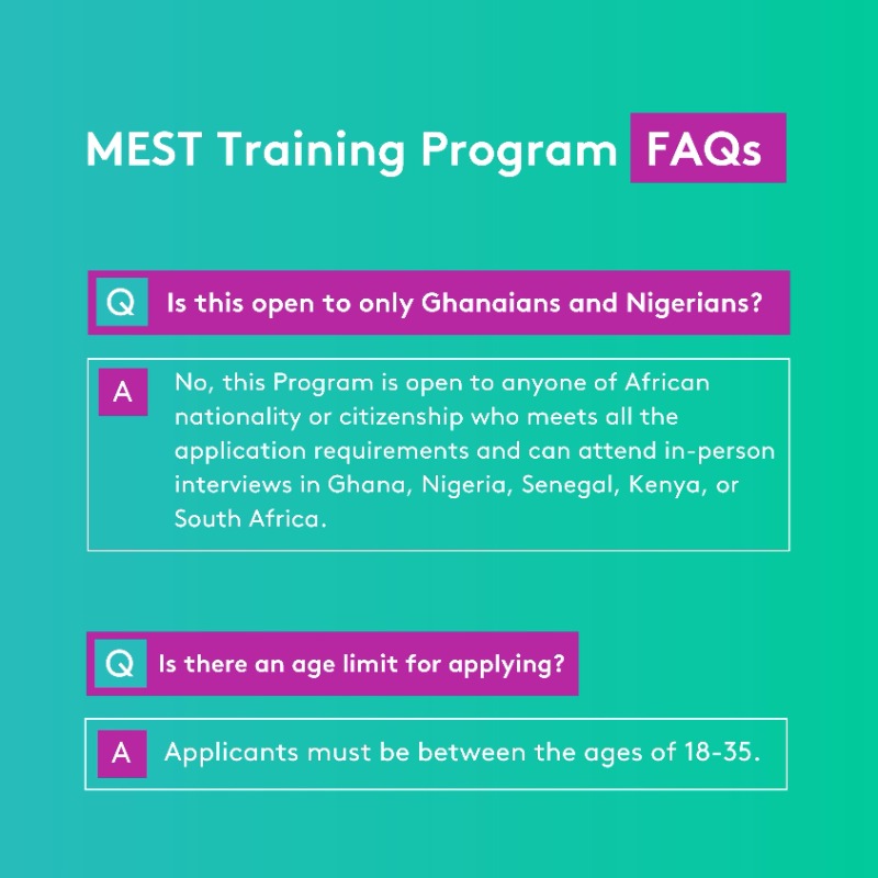 MESTAfrica's tweet image. Here are FAQs about our 12-month Training Program.

Didn’t get answers to the question on your mind?

You can send us an email at recruitment@meltwater.or or connect with the recruitment team via our Telegram channel: t.me/+Vv0V4mkbwRo5M…

#TechAndBeyond #MESTClassOf2024