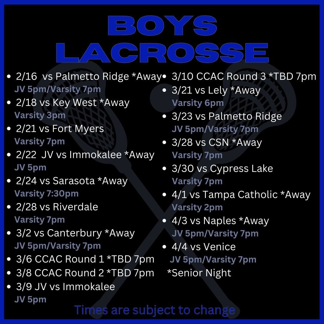 Back at it! Our 2023 Schedule!!

<a href="/BarronCollier/">Barron Collier</a> @bcsnlive @bchsall @coachjpelliccia 
@flhssports @lacrossenaples @sblivefl @bchs_sport
<a href="/239CSI/">CollierSportsInsider</a> @np_alexmartin @izubeecharles @rossvdg14 @edreed_np
<a href="/NDN_PrepZone/">NDN PrepZone</a>