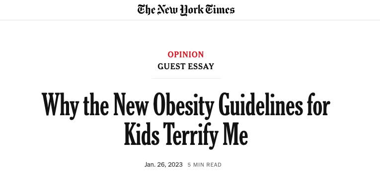 esaagar's tweet photo. NYT oped pushing back against obesity guidelines for kids: Prescribing drugs/surgery to obese kids is a problem because.....it's not a problem for kids to be obese

This is sick https://t.co/pOSCWbGFkG