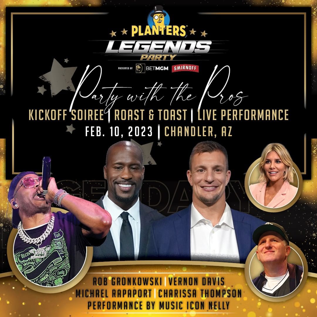 USATODAYCo's tweet photo. Kick off the #BigGame weekend with @USATVentures at the 2023 PLANTERS® brand Legends Party, hosted by legendary athletes @RobGronkowski and @VernonDavis85 with Fox NFL Kickoff Host @CharissaT, actor and comedian @MichaelRapaport and music icon Nelly. https://t.co/Idshi0ToRh https://t.co/mg0YpZpSZ4