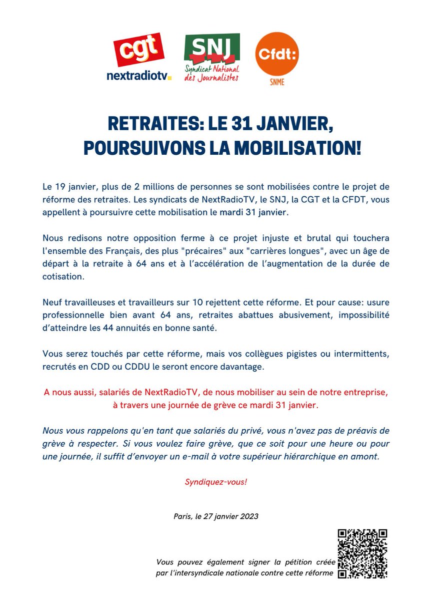 #ReformeDesRetraites #greve31janvier #BFM #RMC
RETRAITES: LE 31 JANVIER,
POURSUIVONS LA MOBILISATION!

A nous aussi, salariés de NextRadioTV, de nous mobiliser au sein de notre entreprise,
à travers une journée de grève ce mardi 31 janvier.
#CGT #SNJ #CFDT