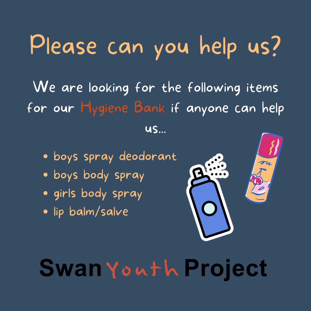 We are running low on some of our hygiene bank items.
The cost of living crisis means the hygiene bank is being used more than ever and is vital to the well-being and self worth of our young people.  
Any donations can be dropped into us and are gratefully received #hygienebank