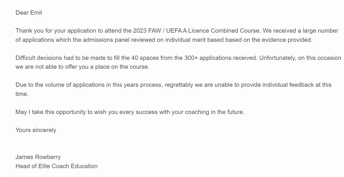 ❌2018 - UEFA A - Declined 
❌2020 - UEFA A - Declined
❌2021 - UEFA A - Declined 
❌2022 - UEFA A - Declined 
❌2023 - UEFA A - Declined 
⏳ 2024 - UEFA A - I WILL TRY AGAIN!  

NEVER... EVER... GIVE UP! ✊