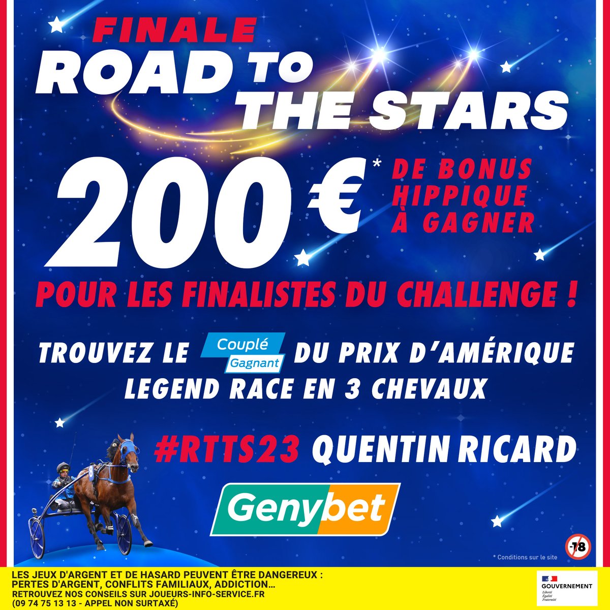 Genybet_Turf's tweet photo. 💫𝐅𝐢𝐧𝐚𝐥𝐞 𝐑𝐨𝐚𝐝 𝐓𝐨 𝐓𝐡𝐞 𝐒𝐭𝐚𝐫𝐬💫

C'est l'heure pour nos 🔟 finalistes de s'affronter sur le Prix d'Amérique Legend Race !

Trouvez le Couplé Gagnant du Prix d'Amérique Legend Race en 3 chevaux avec le #RTTS23 !

💰 𝟮𝟬𝟬 € de bonus hippique à gagner https://t.co/6Soyxhi9VV