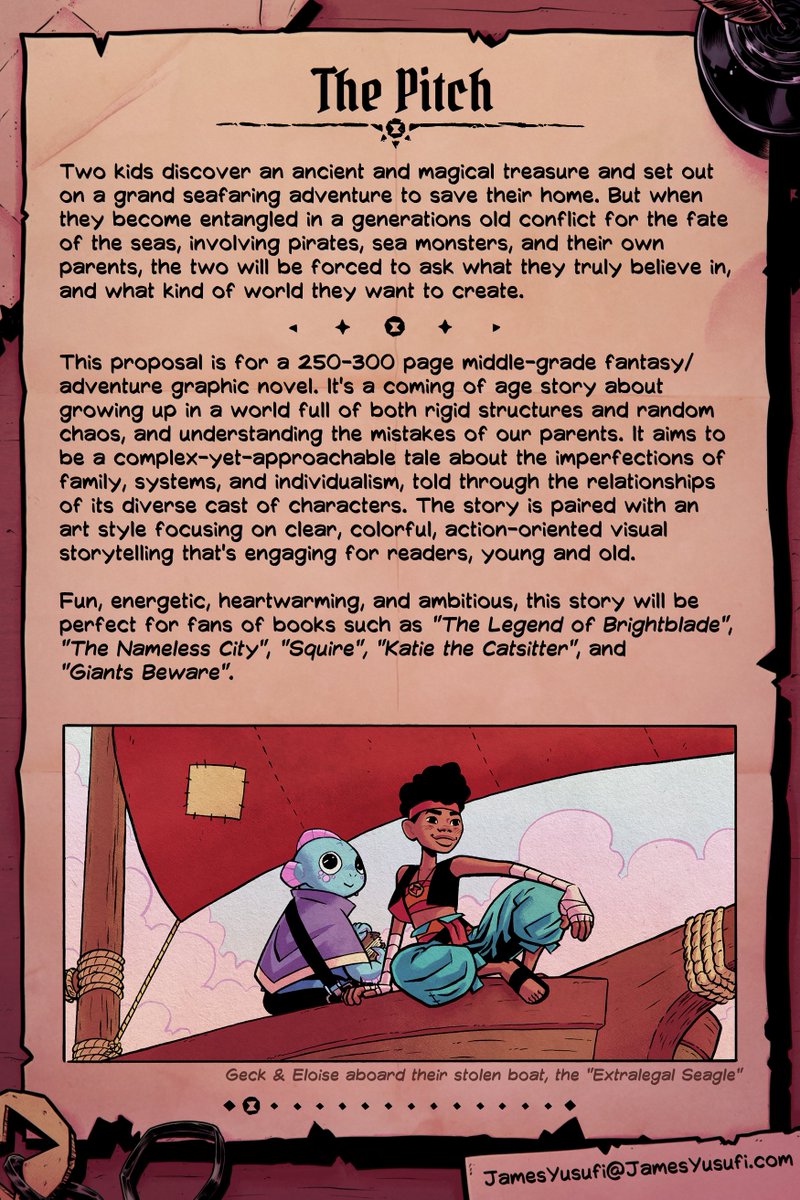 JamesYusufi's tweet photo. I FINALLY FINISHED PUTTING TOGETHER MY GRAPHIC NOVEL PITCH!! 

Time to spend the next week looking up every literary agent doing MG &amp; YA graphic novels. If you're one of those and like what you see here, email me and I'll send you the rest! https://t.co/MzsLBOugOJ