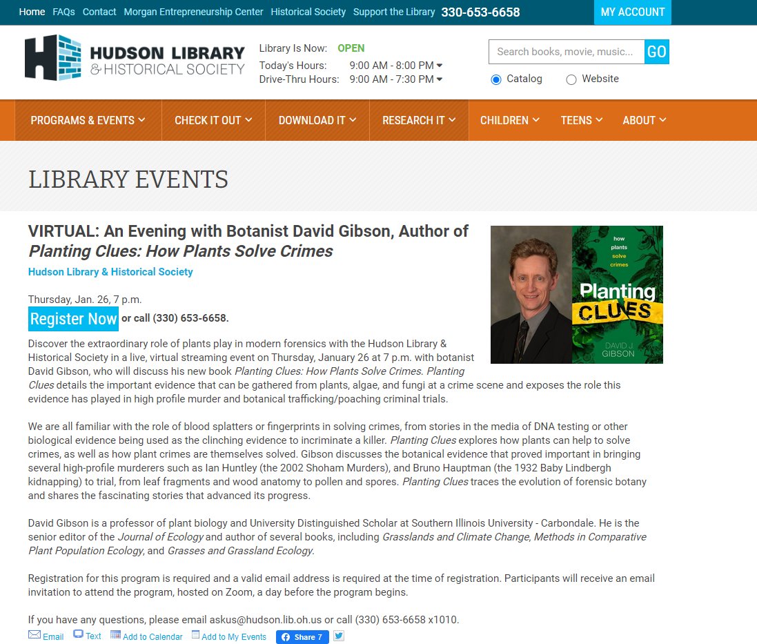 This was fun. 
@HudsonLibr
#PlantingClues #virtualbooktour #forensics #botany #forensicbotany