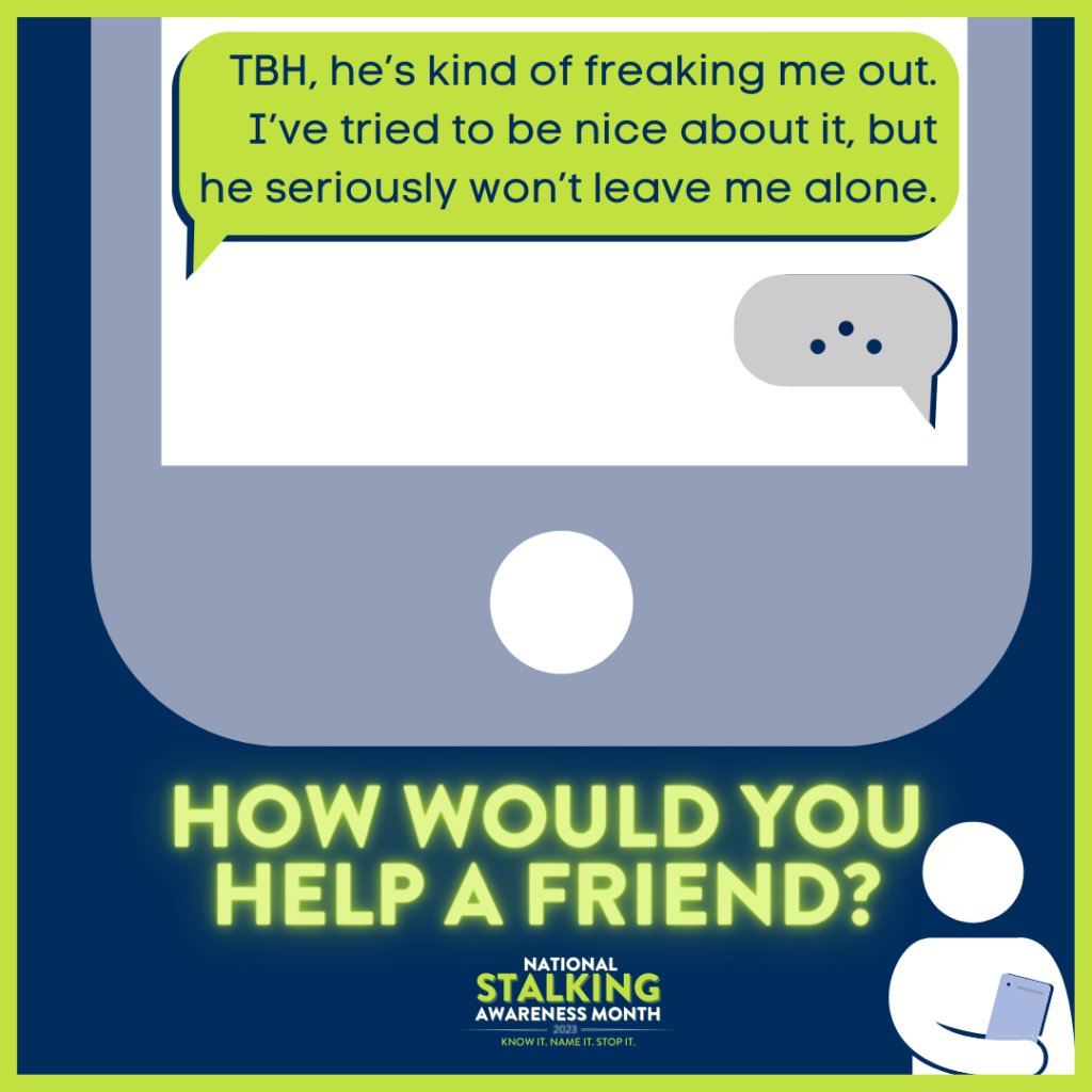 Most stalking victims tell a friend or family member first, and that trusted person’s response can have a significant impact on whether or not the victim seeks help from professionals. Get support from KU CARE Coordinator: 785-864-9255. #NSAM2023 #KnowItNameItStopIt