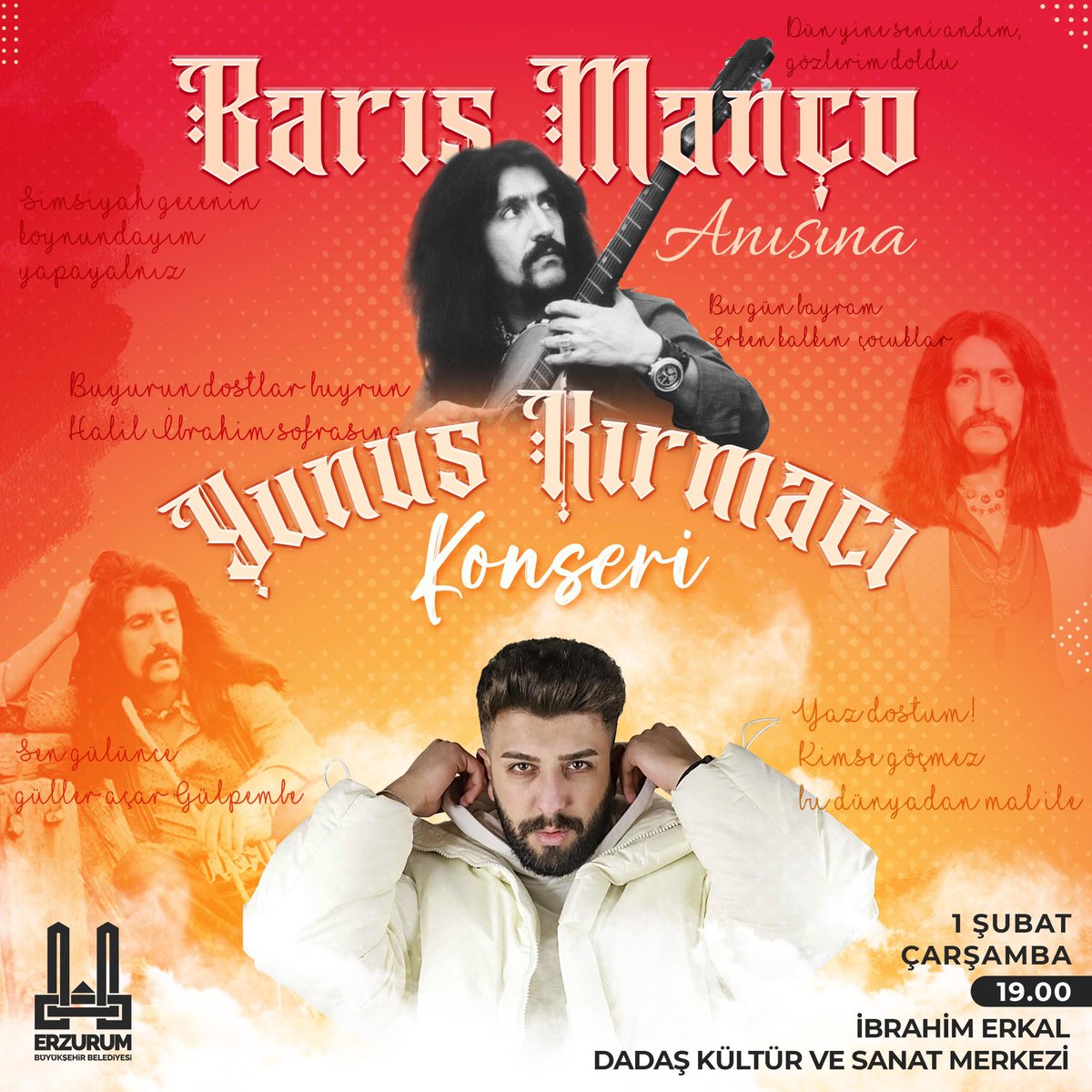 ‘İyiliğin ve güzelliğin sanatçısı’ Barış Manço’yu vefatının 24. yıl dönümünde anıyoruz. Manço’nun gönüllerde taht kurduğu ‘Adam olacak çocuk’ programımız yeniden hayat bulacak. İbrahim Erkal Dadaş Kültür ve Sanat Merkezinde en güzel Barış Manço şarkıları sizler için seslendirilck