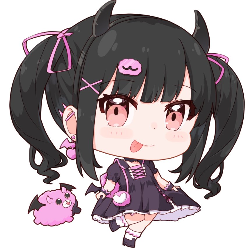 1girl chibi twintails horns black hair dress tongue  illustration images