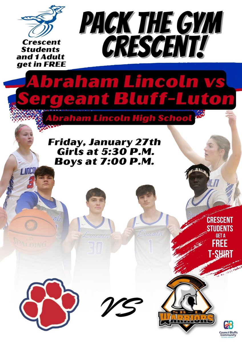 BECrescentElem's tweet photo. Tonight is the Crescent Pack the Gym night at the @ALHSathletics basketball games! The girls game starts at 5:30 and the boys game will follow. Crescent students and one adult get in free and students get a free t-shirt! #BeCrescent #cbcsd https://t.co/pSlYjDWn7G