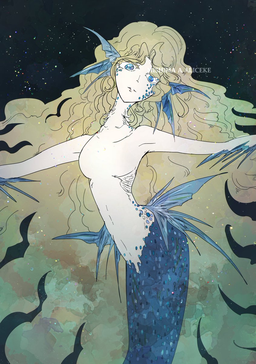 お題：ヒレ耳 「水底の人魚」 @jngi_1draw #人外版深夜の真剣お絵描き