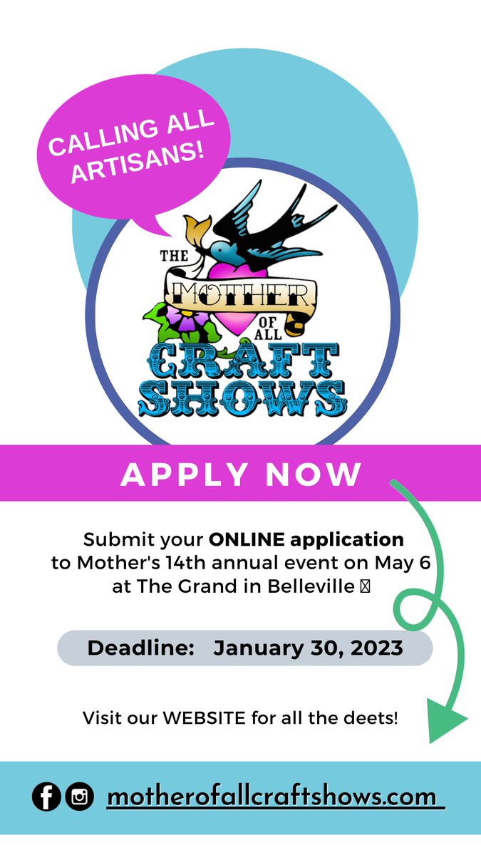 CLOSING SOON...Applications for the 2023 Mother's Day Market!
Deadline for Submissions:  Monday, JANUARY 30!

Find Info and the ONLINE application at motherofallcraftshows.com - mailchi.mp/0ee813cf94a0/t…