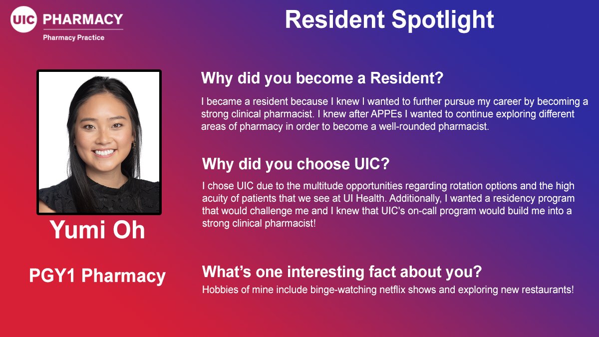 UIC Dept Pharmacy Practice (@uicphpr) on Twitter photo Get to know our Resident, Dr. Yumi Oh!
She received her PharmD from Auburn University <a href="/AuburnU/">Auburn University</a> and has joined our PGY1 Pharmacy Residency program. Get to know our Resident, Dr. Yumi Oh!
She received her PharmD from Auburn University <a href="/AuburnU/">Auburn University</a> and has joined our PGY1 Pharmacy Residency program.