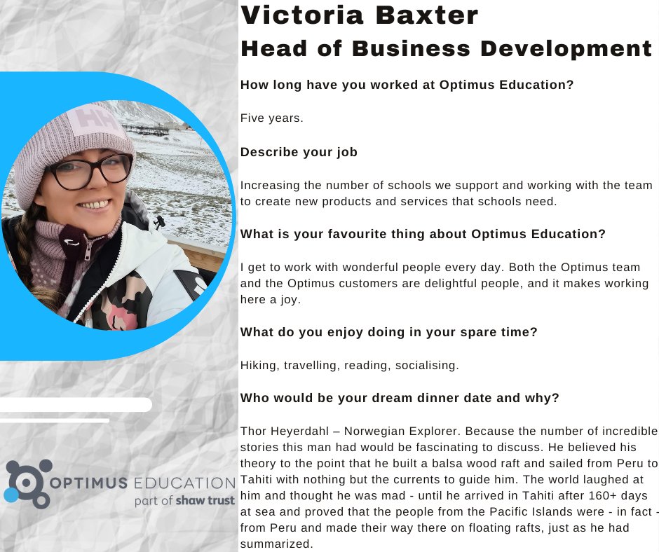 OptimusEd's tweet image. Meet the team at Optimus Education!

Introducing our Head of Business Development, Victoria Baxter 😀

#meettheteam #OptimusEd