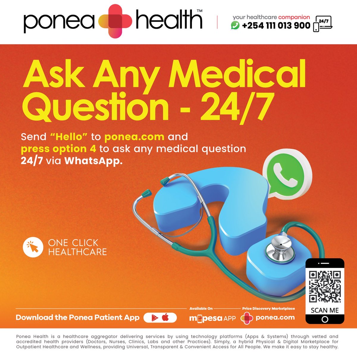 Our Smart AI is now available to answer any medical-related questions in any language. Try it out and share.
Simply click the link: wa.me/254111013900 and type 'Hello' to get started. You can then either use the symptom checker or ask any medical question. 
 #SymptomChecker