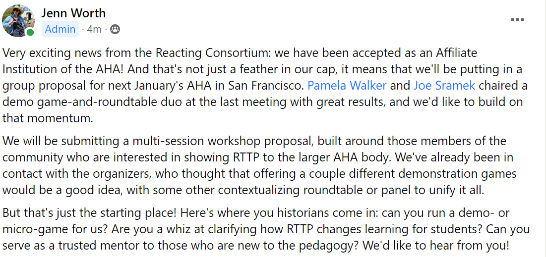 Reacting to the Past (@reactingttpast) on Twitter photo Are you a Reacting faculty member AND a <a href="/AHAhistorians/">American Historical Association</a> member? Check this post from our FB page about the multi-session proposal we're pulling together as a newly-added AHA affiliate! facebook.com/groups/2205026⦠Are you a Reacting faculty member AND a <a href="/AHAhistorians/">American Historical Association</a> member? Check this post from our FB page about the multi-session proposal we're pulling together as a newly-added AHA affiliate! facebook.com/groups/2205026ā¦