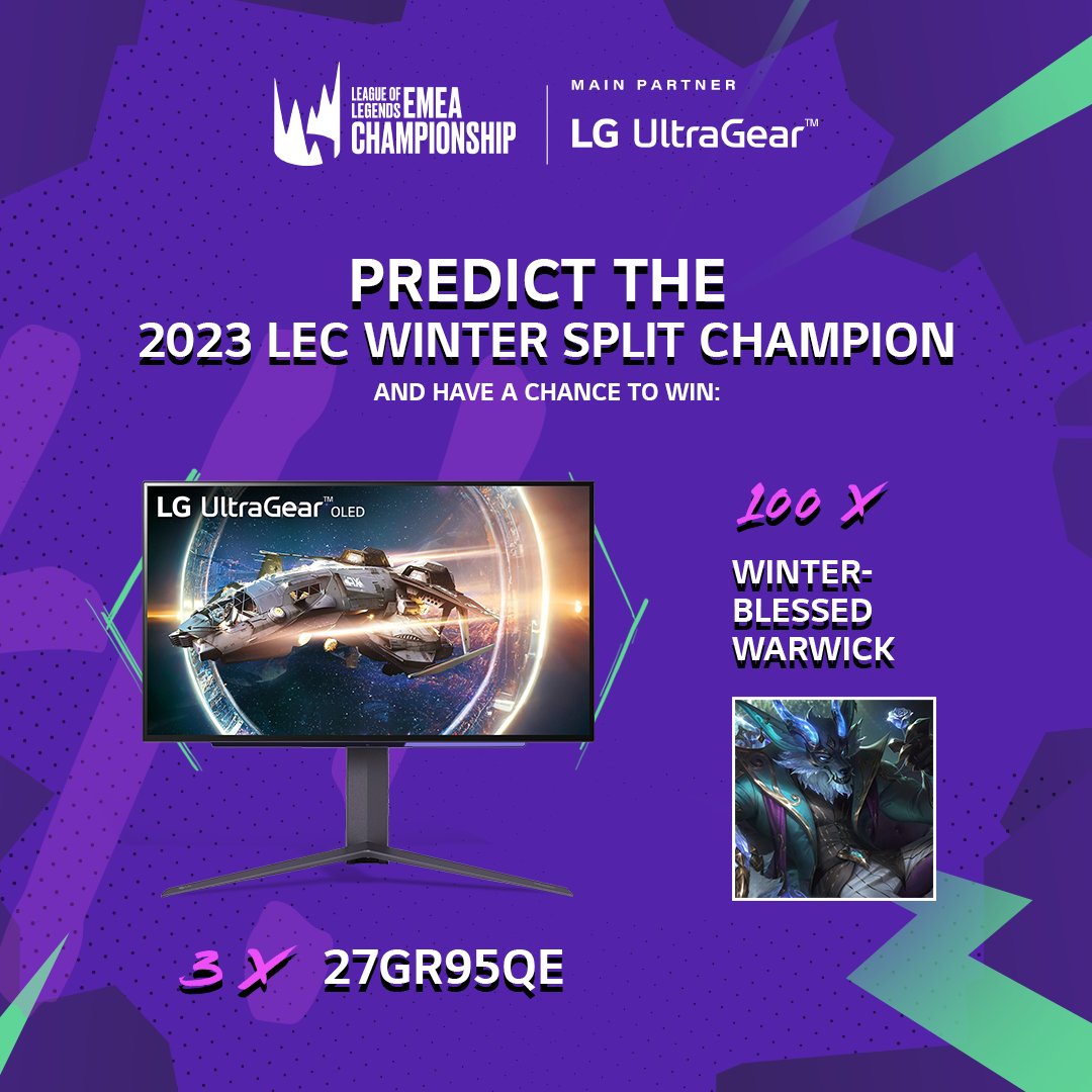 🎉GIVEAWAY TIME 🎉

Predict the #LEC 2023 Winter Split Champion and have a chance at one of our amazing #LGUltraGear #240hzOLED monitors 😎

𝐇𝐨𝐰 𝐭𝐨 𝐞𝐧𝐭𝐞𝐫 
Follow the mandatory steps on: gleam.io/usJuG/lg-ultra…
Earn additional entries with extra tasks!