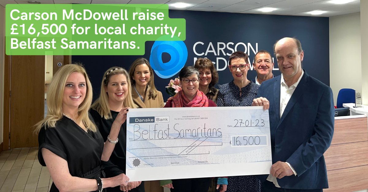 carsonmcdowell's tweet photo. Carson McDowell has completed a successful and rewarding charity partnership with @belfastsams. We are thrilled to be handing over £16,500 to the charity, which we hope will assist them in delivering the crucial services they provide. Read more: https://t.co/75CjW0FtO5 https://t.co/htgkfj6wcr
