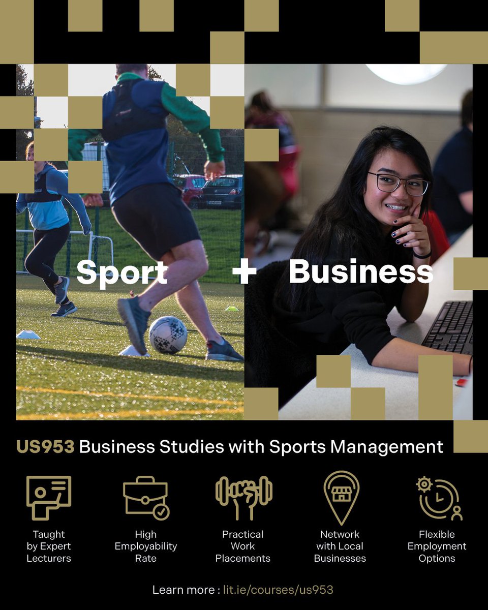 TUS Sports Courses MW (@tussportcourses) on Twitter photo Have you a passion for Business and Sport? The BA in Business Studies with Sports Management (US953) <a href="/TUS_ie/">Technological University of the Shannon</a> helps you learn and develop the skills you need to succeed in a sports management role.
Find out all the course information here 👉lit.ie/courses/lc295 Have you a passion for Business and Sport? The BA in Business Studies with Sports Management (US953) <a href="/TUS_ie/">Technological University of the Shannon</a> helps you learn and develop the skills you need to succeed in a sports management role.
Find out all the course information here 👉lit.ie/courses/lc295