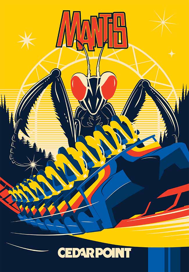 cedarpoint's tweet photo. 🔴 MANTIS COLLECTION DROP! 🟡

This former iconic stand-up coaster can now be added to your Cedar Point collection!

The merch drop includes a @madetothrill poster, tee, Nanocoaster and MORE! 

Only in our online shop 👉 https://t.co/urdz99qFMK https://t.co/IcLt71hbsc