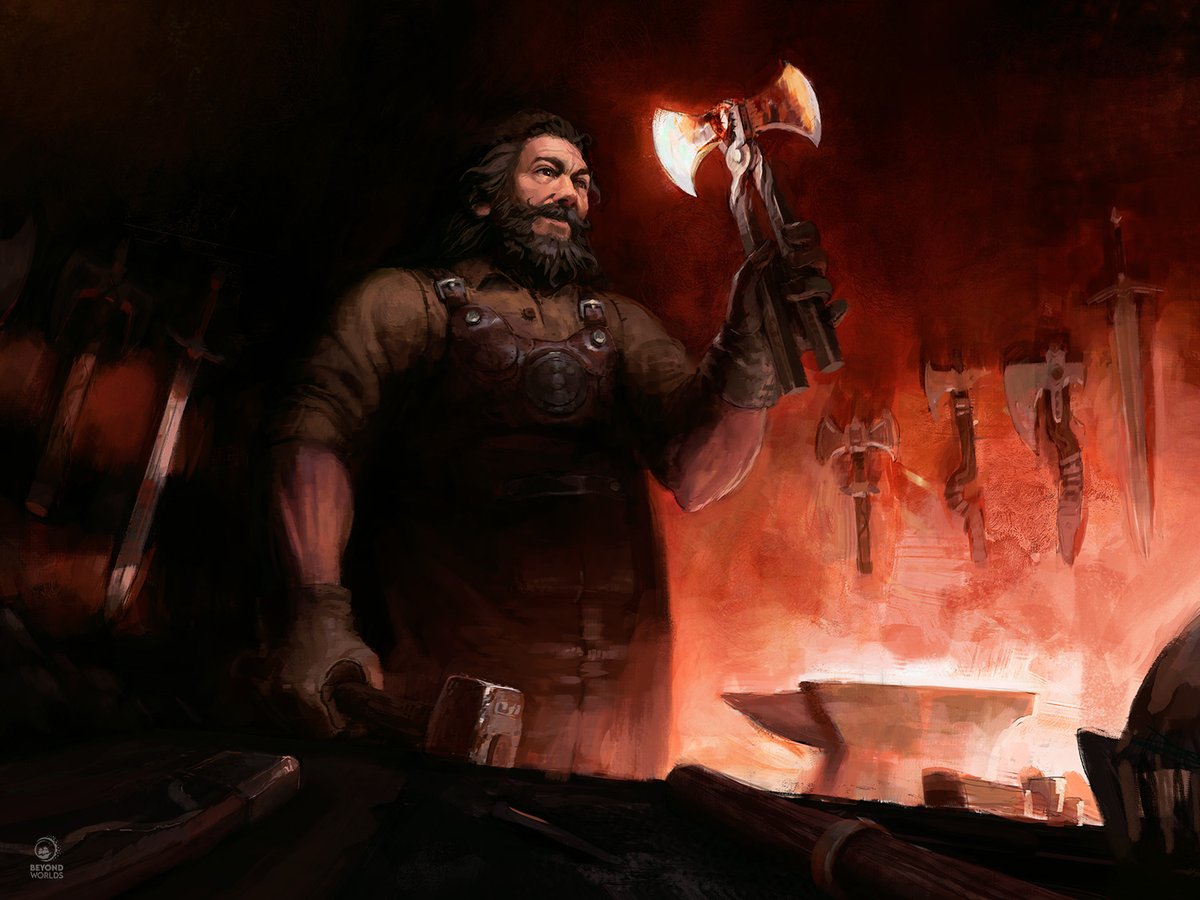 BeyondWorldsDE's tweet photo. It's time again to reveal a new #Artwork: This blacksmith forges so-called "Prunkäxte" (Ornamental axes) for deserving veterans from Morgathal. Illustrated by @francpizzo - it was a great collaboration! More to come soon! #fantasyart #dystopia https://t.co/gNJZTSFfVV