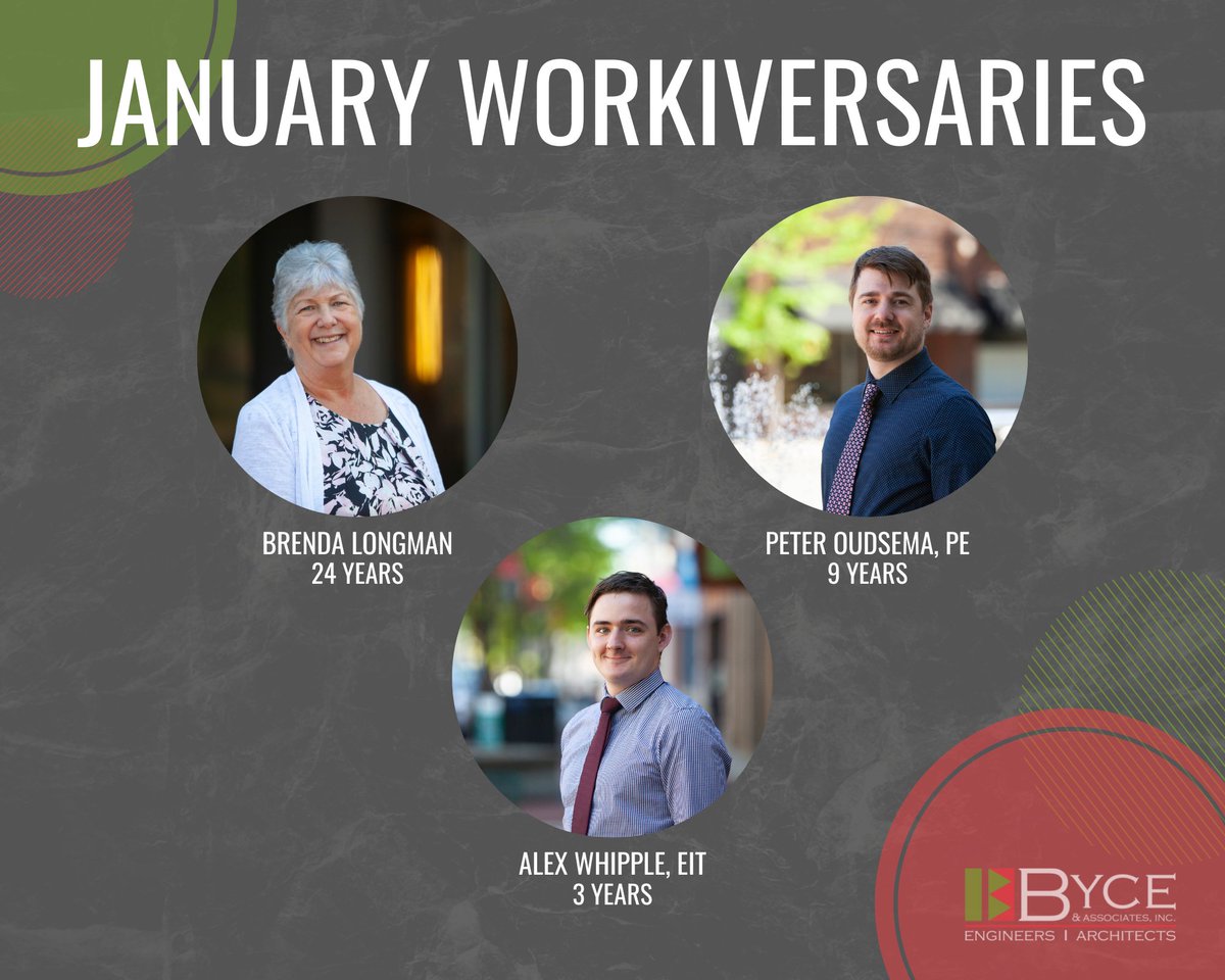 This month we celebrate the following #Workiversaries! 

⭐ 24 Years - Brenda Longman, Vice President of Corporate Administration, I.T., and Accounting Manager

⭐ 9 Years - Peter Oudsema, PE, Structural Engineer 

⭐ 3 Years - Alex Whipple, EIT, Electrical Engineer