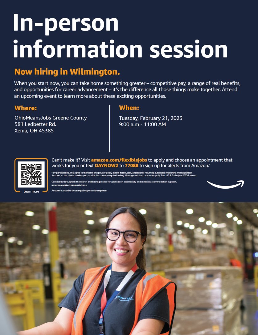 OMJGreeneCounty's tweet photo. Save The Date!  Amazon will be in our lobby on Feb. 21st from 9am-11am.  Be sure to stop by and talk to a hiring representative about opportunities with them.  #WilmingtonJobs #Amazon https://t.co/rMGbqSfiid
