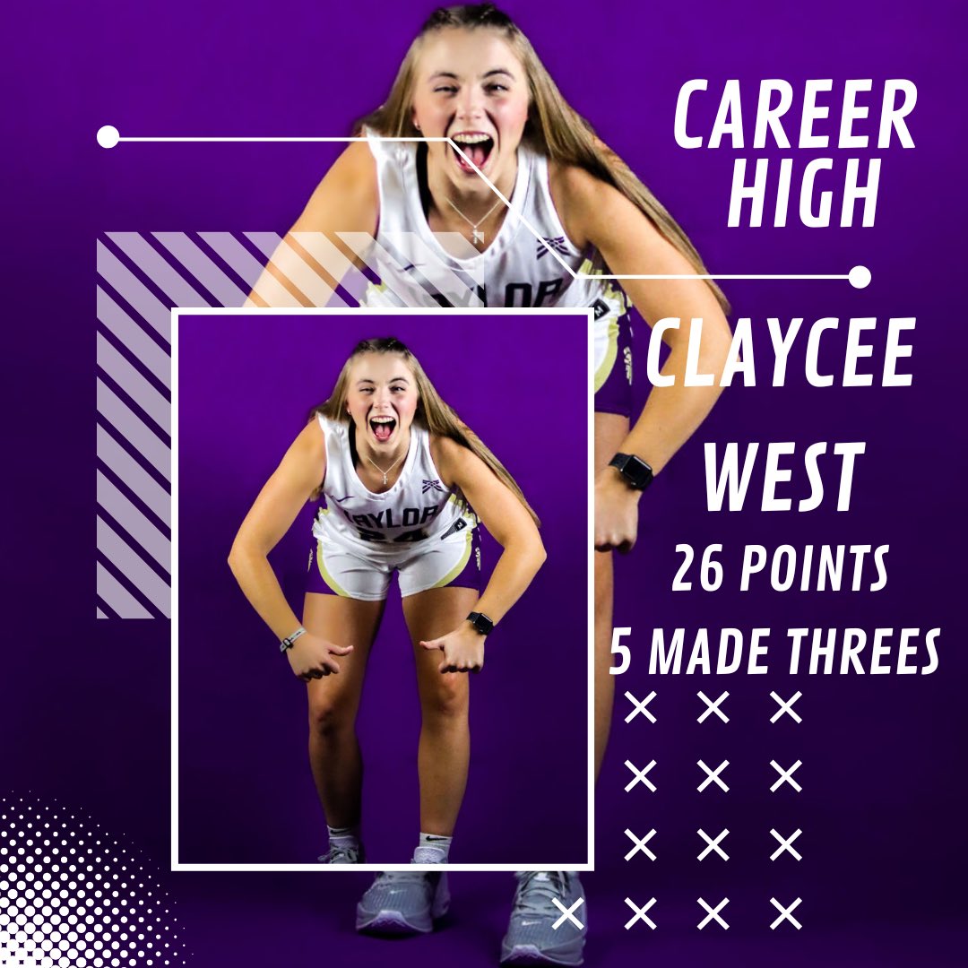TaylorU_WBB's tweet photo. 🚨 Career High🚨 

In last nights contest, Claycee West notched her career high with 26 points. The junior guard also collected another career best as she made 5 three-point field goals for the game! https://t.co/WSqyEdKxsq