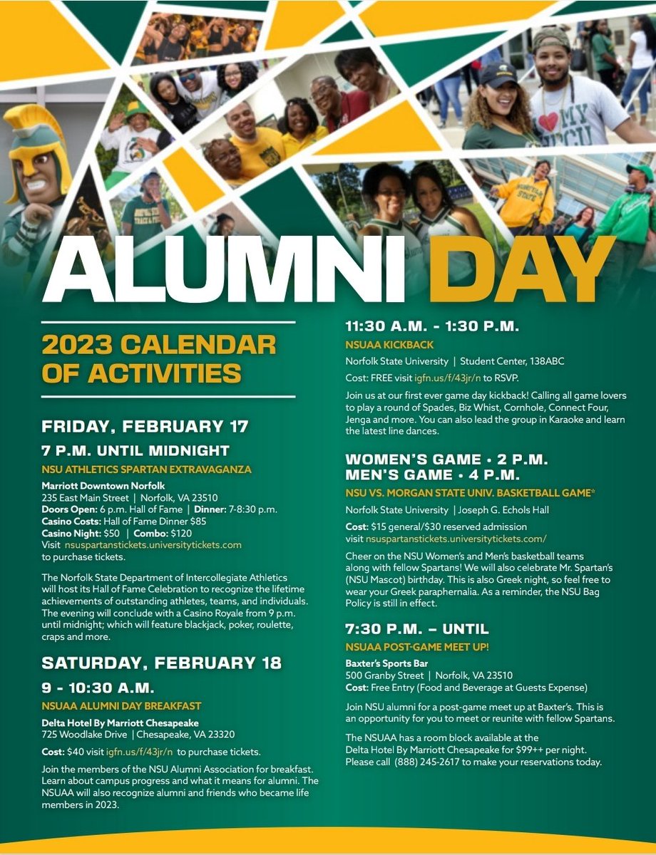 How does the song go? We're coming in hot, Hot, HOT! 🔥 Join us for a weekend of fun, Fun, FUN!

Purchase your tickets at the following links: 

#NSU #NSUAlumniDay #NSUAlumni #NorfolkStateAlumni

(1/2)