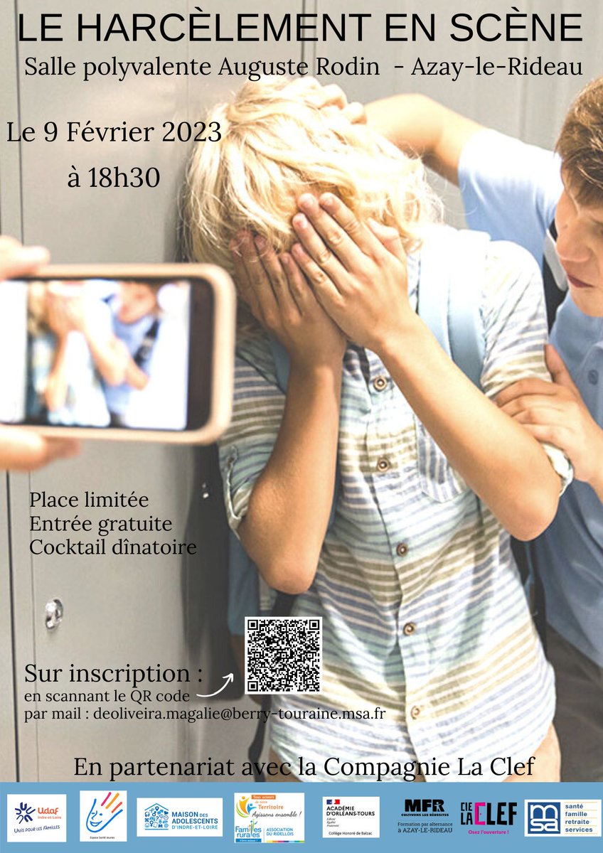 MSABT363741's tweet photo. @AzayMfr, la fédération des MFR, la MSA Berry-Touraine et @fabiennecolboc,  organisent un théâtre forum sur le harcèlement scolaire le jeudi 9 février 2023 à 18h30 à Azay-le-Rideau. Entrée gratuite et sur inscription (places limitées) 👉 https://t.co/xwnkHzuWFR https://t.co/NmJB0VetOu