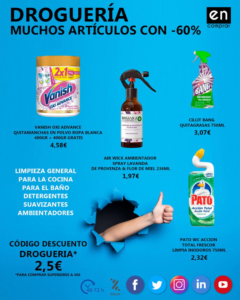 encomprar's tweet photo. PROMOCIÓN EN DROGUERÍA, muchos artículos con más del 60% de descuento, todo lo que necesitas para la limpieza de tu hogar a precios increíbles.

https://t.co/JiJZ3l5Bhr

#limpieza #hogar #desinfeccion  #salud #higiene https://t.co/AjlQJxGvbS