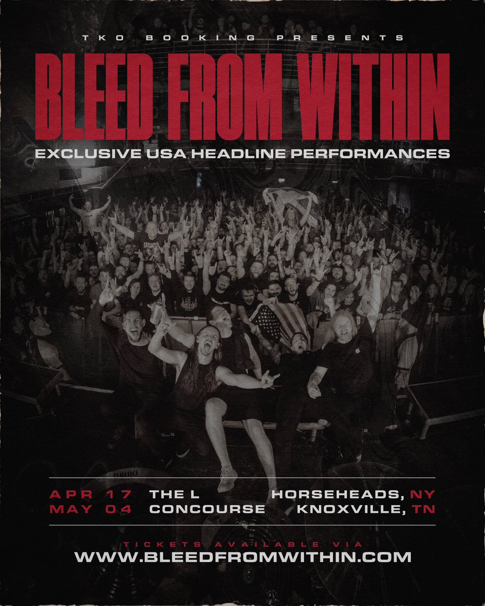 BleedFromWithin's tweet photo. We will perform 2 US headline shows in April &amp; May! 🇺🇸

These dates land during gaps in our touring schedule with @augustburnsred &amp; @TDWPband and will be our first EVER headline shows in North America. See you there!

Tickets at: https://t.co/ImXCoqxJah https://t.co/aM5Q6pdQum
