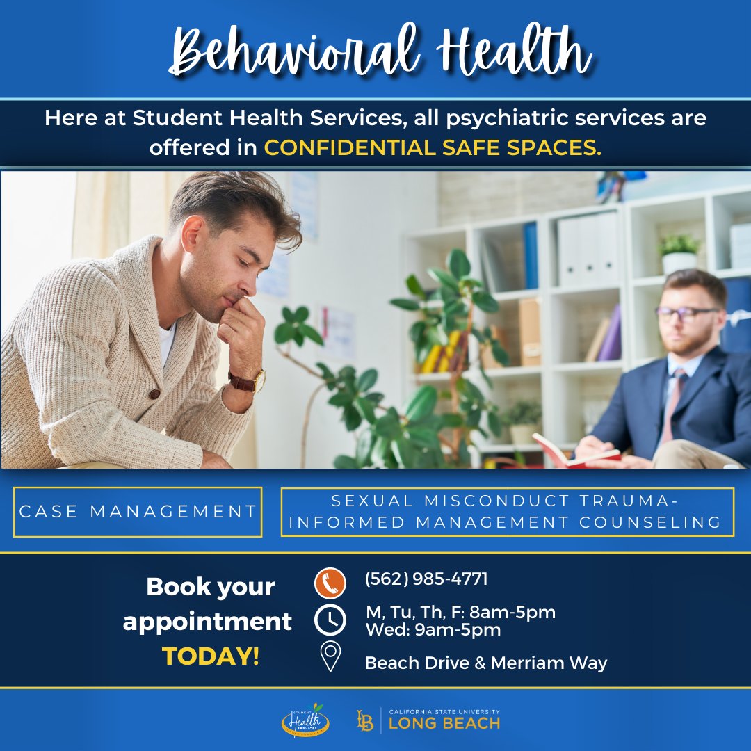 csulbwellness's tweet photo. Our goal at #csulbshs is to ensure every student feels heard in a safe space. Our clinic offers behavioral health services to help you through difficult events. Give us a callβwe're here for you.
#gobeach #nobarriers #collegehealth #lbsu #csulb #csulongbeach https://t.co/yG4jy0AZia