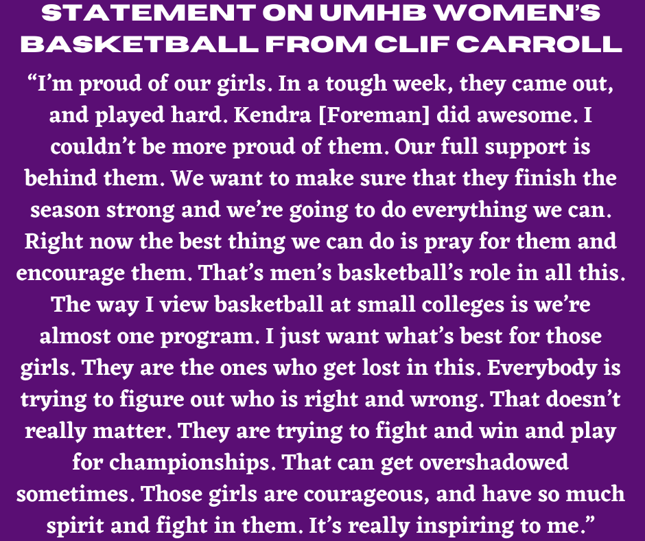 Here is what UMHB head men's basketball coach Clif Carroll had to say about the situation involving UMHB women's basketball. Worth the short read. 
#d3hoops #gocru #UMHB