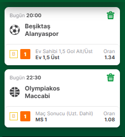 Beşiktaş - Alanyaspor Ev 1.5 üst
Olympiakos - Maccabi MS-1

Olympiakos evinde çok farklı rakip ise deplasmanda kötü rahat kazanacaklardır.
Beşiktaş formunu yakaladı evinde açık oynayan Alanyaspor'a 2 gol atacaktır.

Stake 8/10
#BJKvALY #iddaa #iddaatahminleri