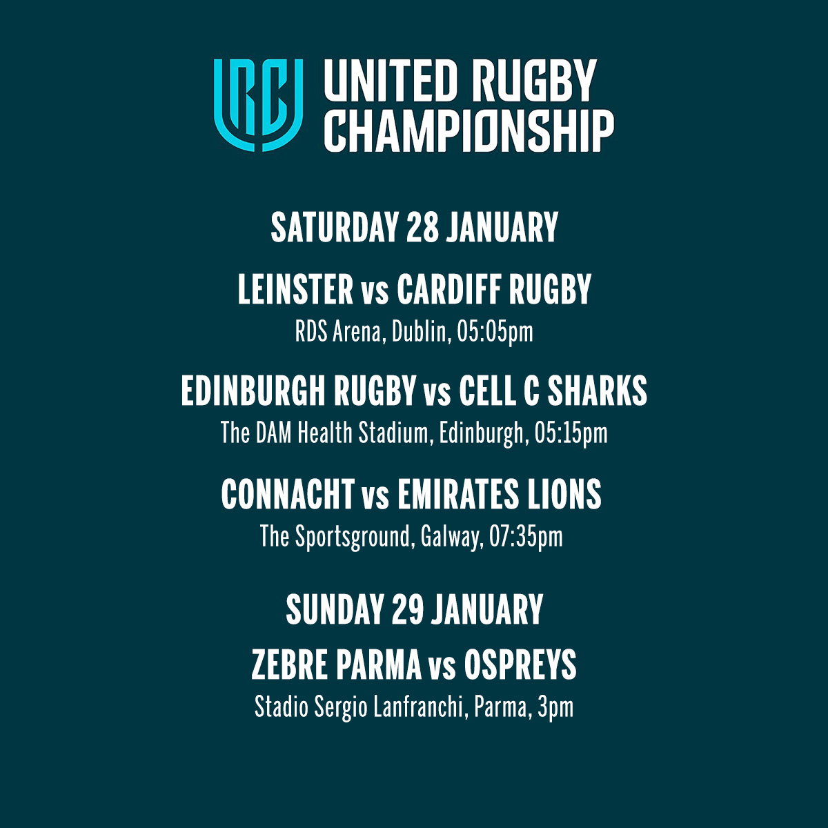 URC Round 13 action 💥

League leaders Leinster hope to continue their unbeaten URC season against Cardiff. 

Hamish Watson returns from injury for Edinburgh against Cell C Sharks.

Glasgow Warriors travel to Rodney Parade against Dragons.

#unitedrugbychampionship