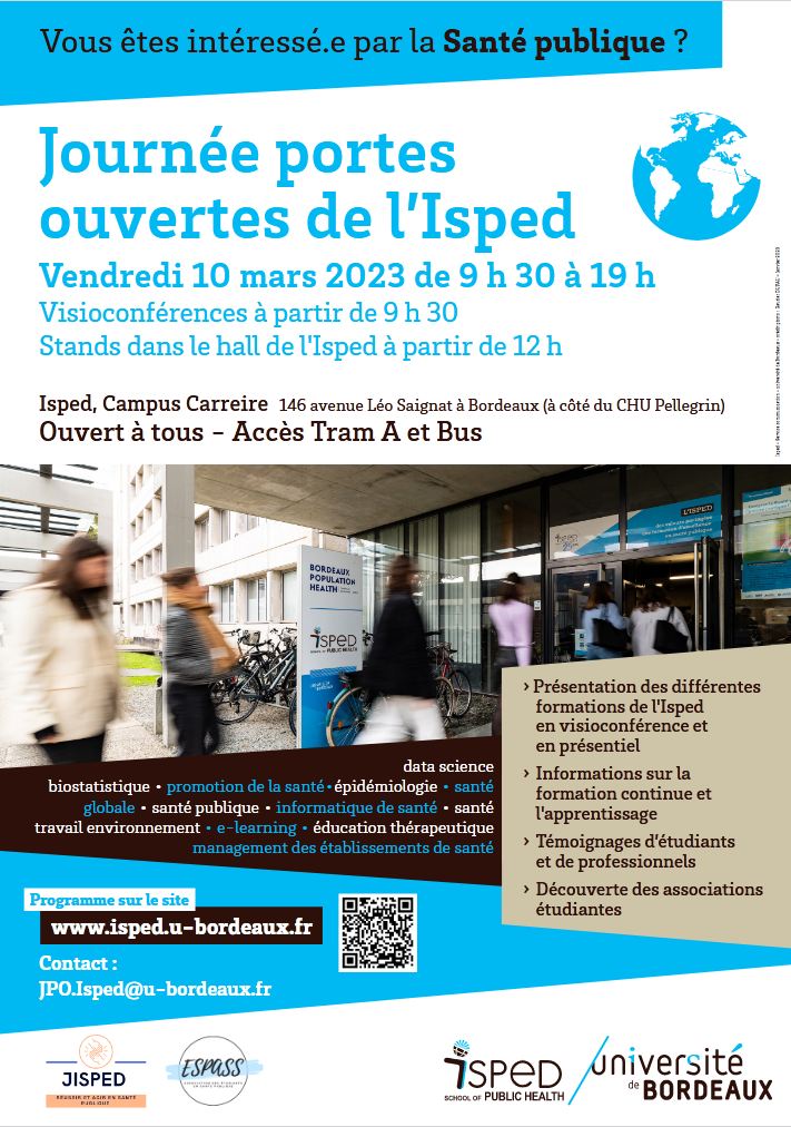 L'Isped organise une journée portes ouvertes vendredi 10 mars 2023, de 9h30 à 19h. Toute la journée, vous pourrez découvrir les #formations en #santépublique et échanger avec les enseignants, professionnels et étudiants, en présentiel et en distanciel : bit.ly/3XWUTSA