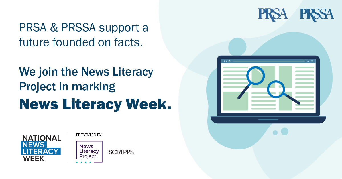 PRSA's tweet photo. It's News Literacy Week PRSA and PRSSA supports a future founded on facts. Learn more ways to increase your news literacy at >> https://t.co/7NUPPwE5BS https://t.co/7B6UXPUpUG